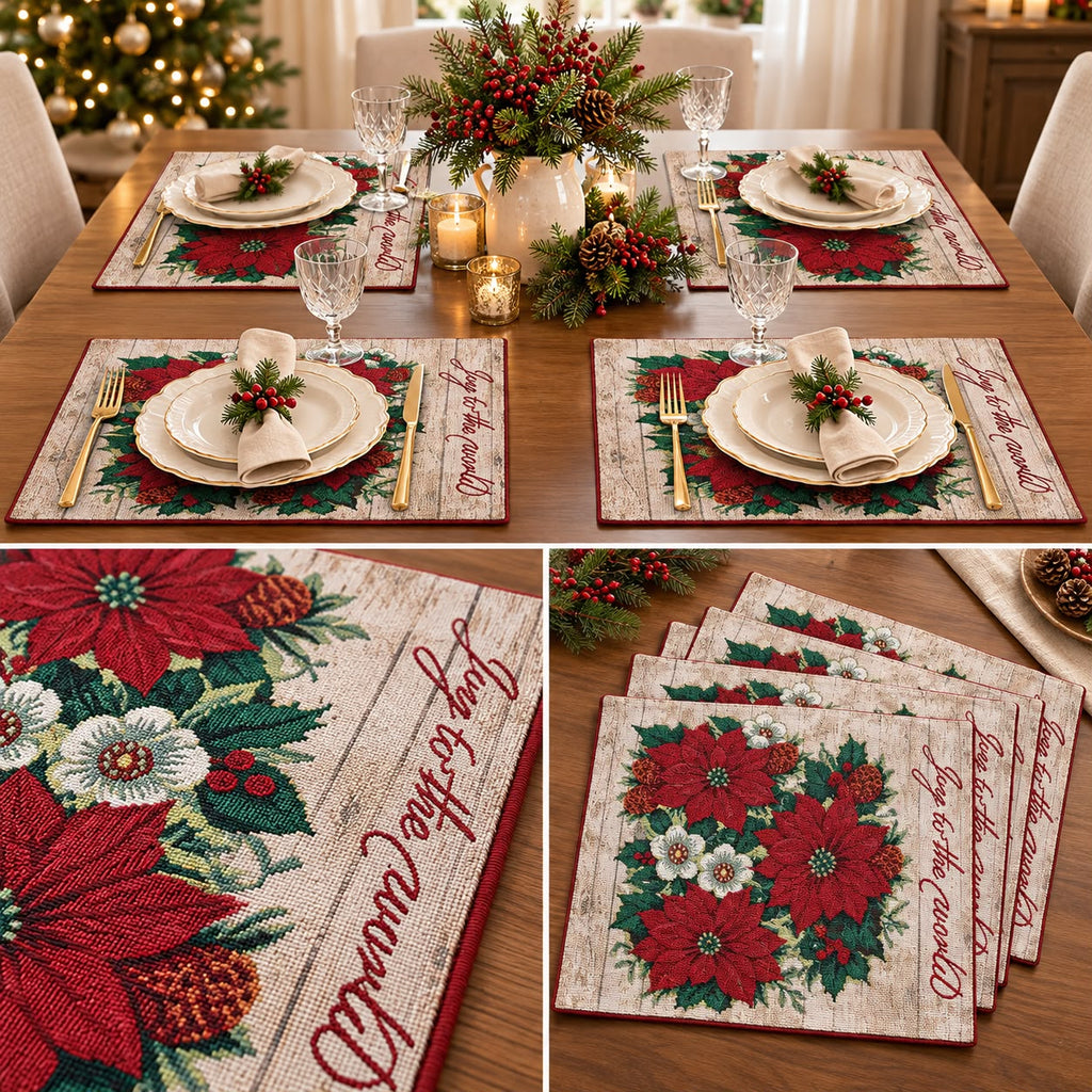Festive Poinsettia Floral Fabric Dining Table Mats – Set of 4