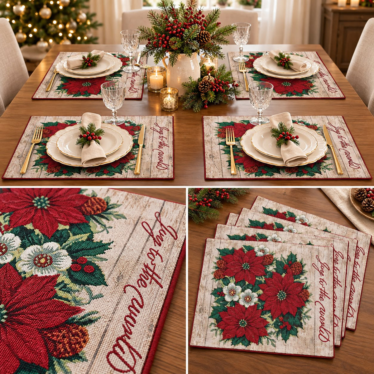 Festive Poinsettia Floral Fabric Dining Table Mats – Set of 4