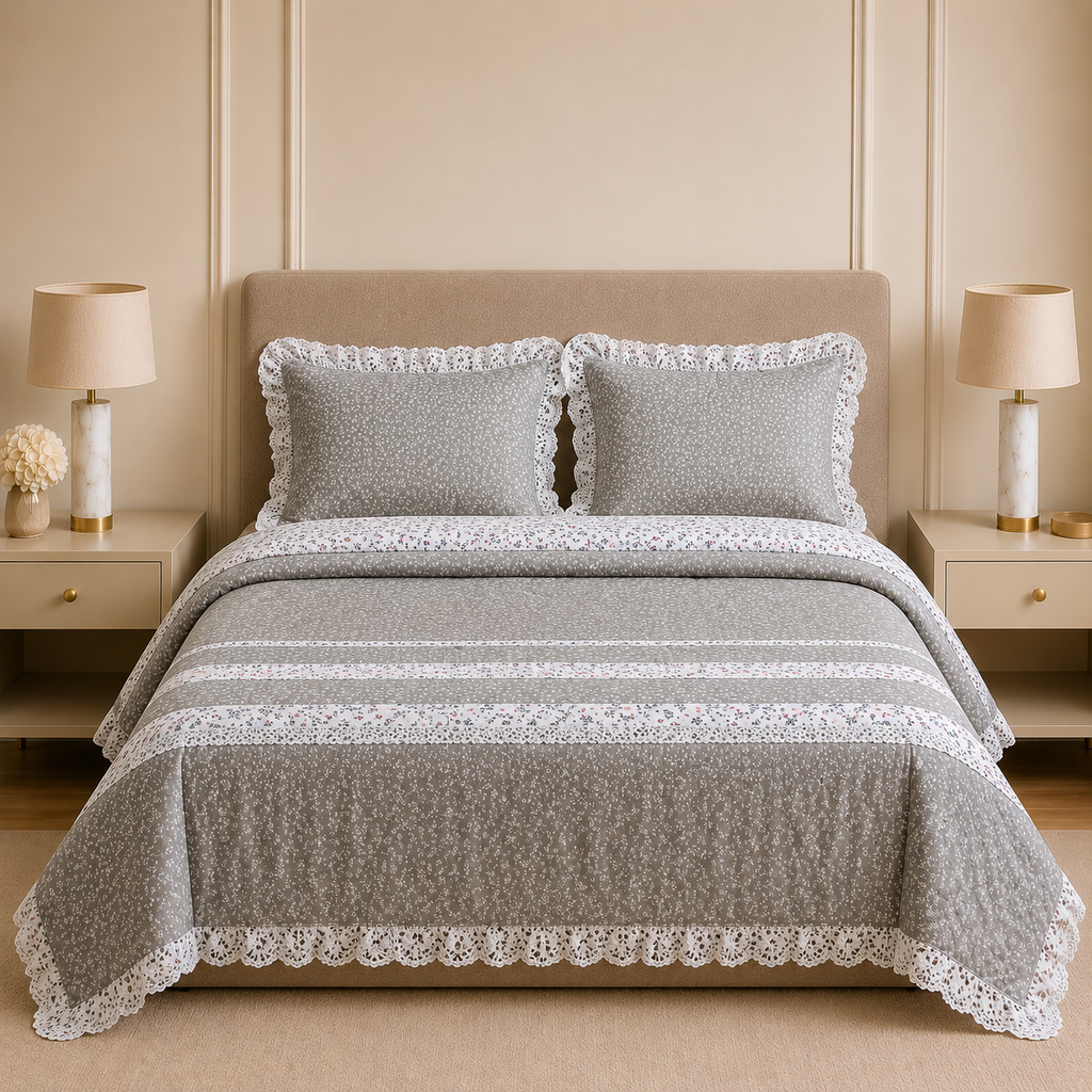 English  4-Piece Frill Lace AC Quilt Set – King Size | Elegant Dual Design