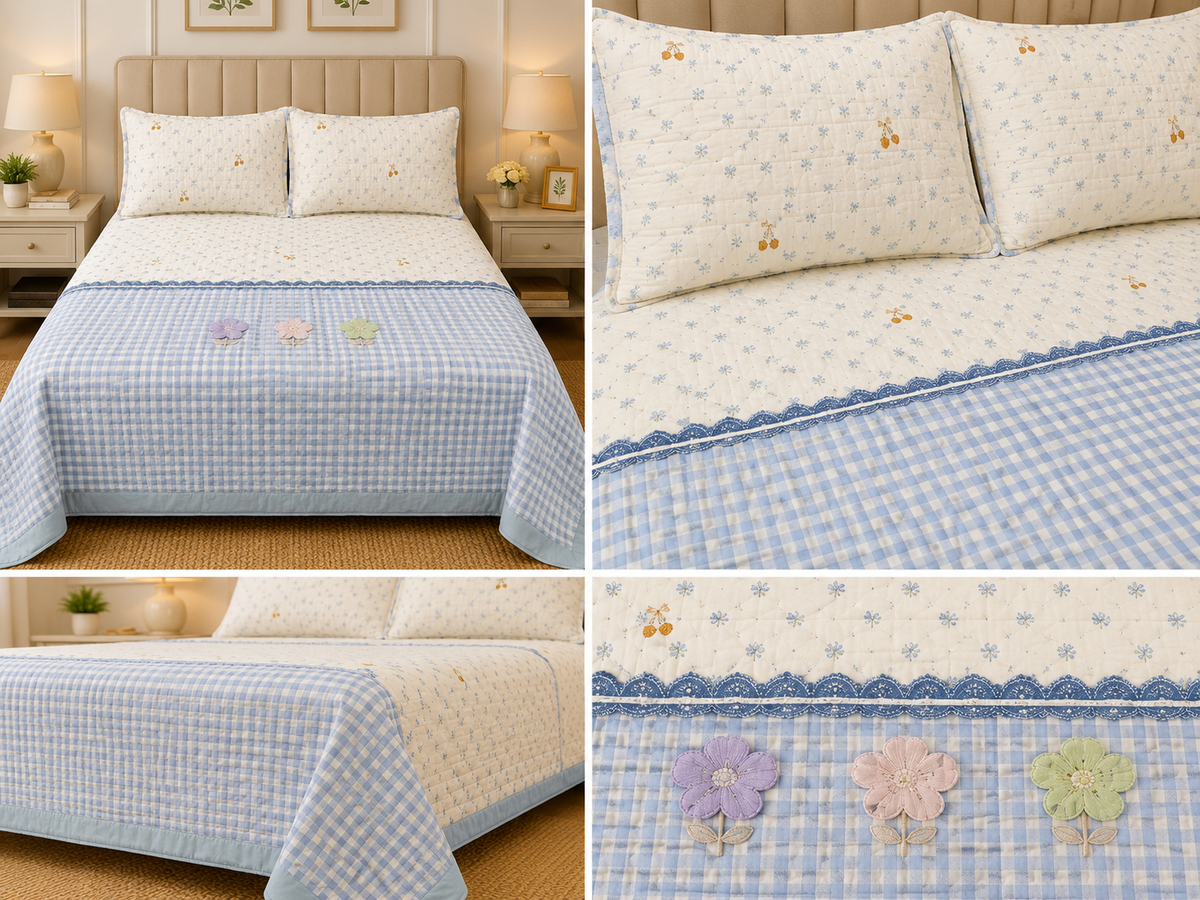 Gingham King Size Quilted Bedcover with 3 Beautiful 3D Floral Appliqué | Product Code :- 55B185RKEH