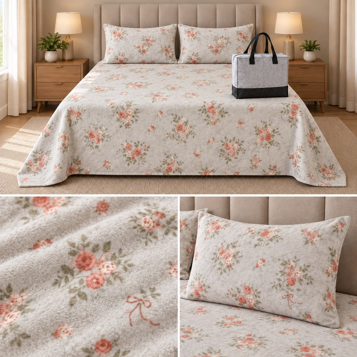 Floral Printed Winter Bedsheet Set with Matching Pillow Covers & Storage Bag – King Size