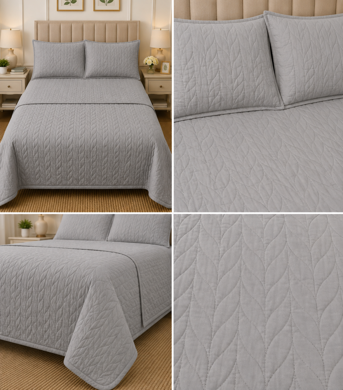 Plain King Size Quilted Bedcover with 2 Matching Pillow Covers – Elegant Leaf Stitch Design | Product Code :- 55B145RKEH