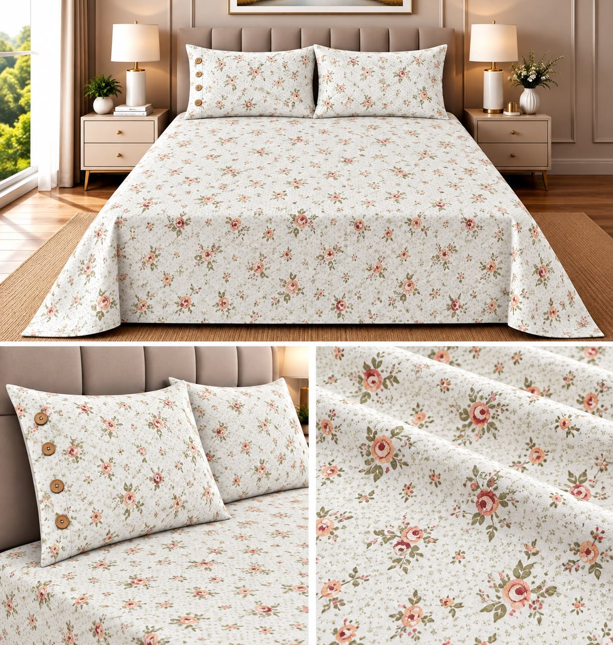 English Floral Cotton Bedsheet with 3-Button Pillow Covers – 2.5m × 2.7m