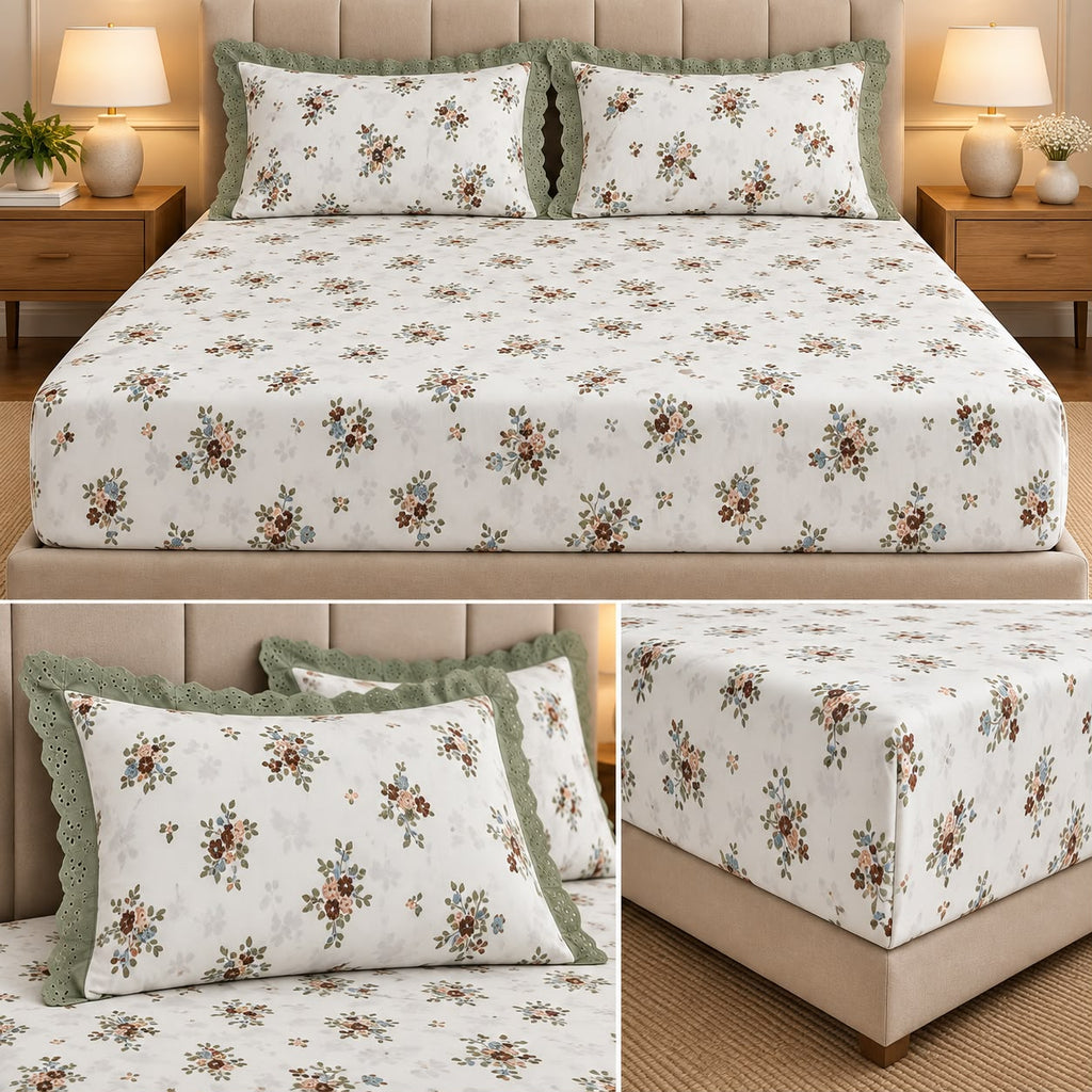 Vintage Bloom Fitted Bedsheet Set with Lace Pillow Covers – King Size 3 Pcs
