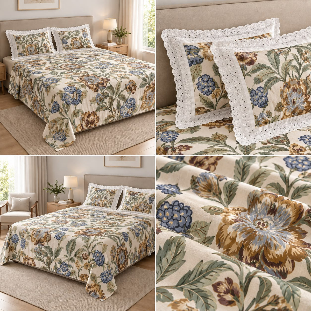 Floral King Size Bedsheet with Designer Lace Pillow Covers (108 x 108 Inches) Product Code:- 55B1150RKEH
