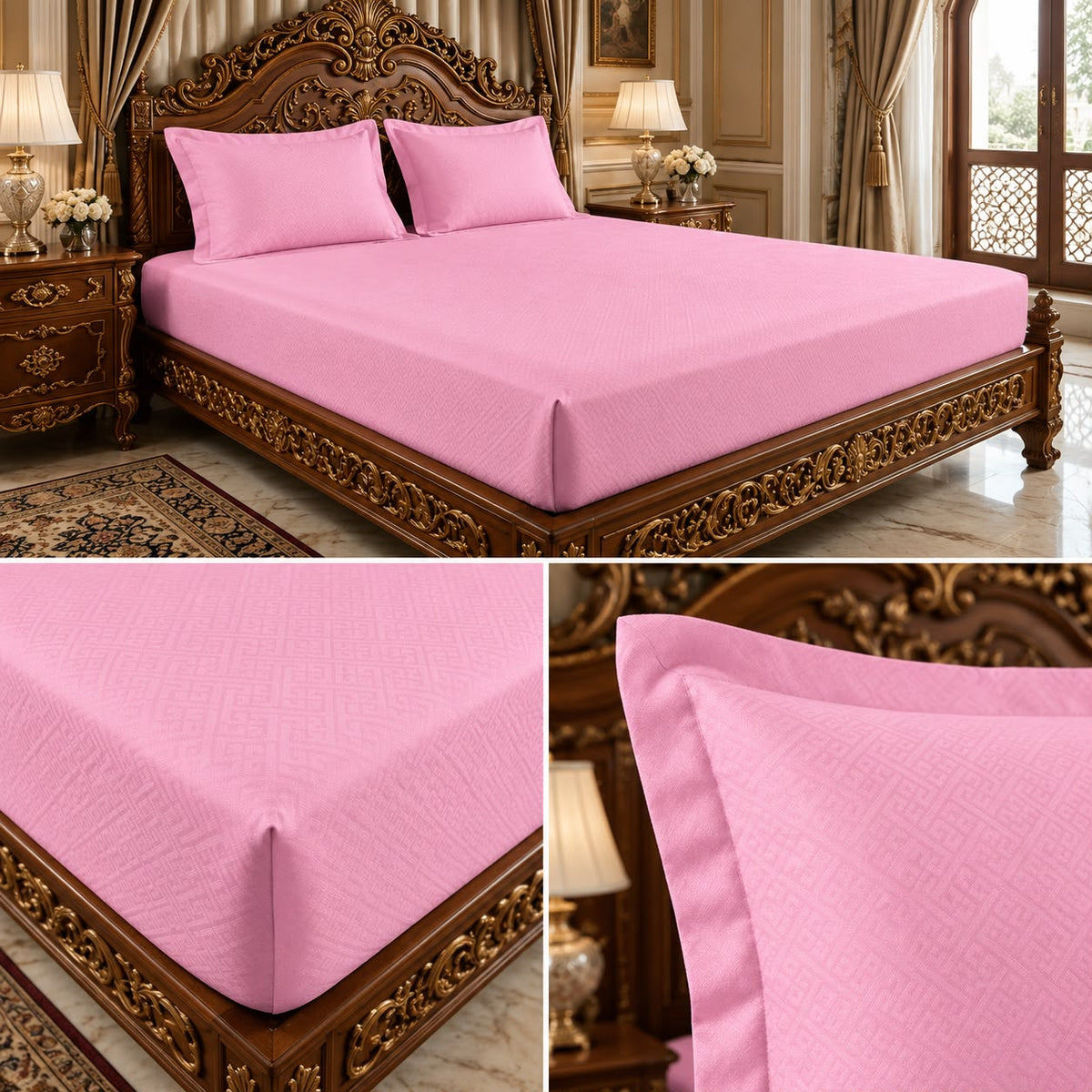 Luxe Weave Jacquard Fitted Bedsheet Set – Double Bed, 3 Pcs Set