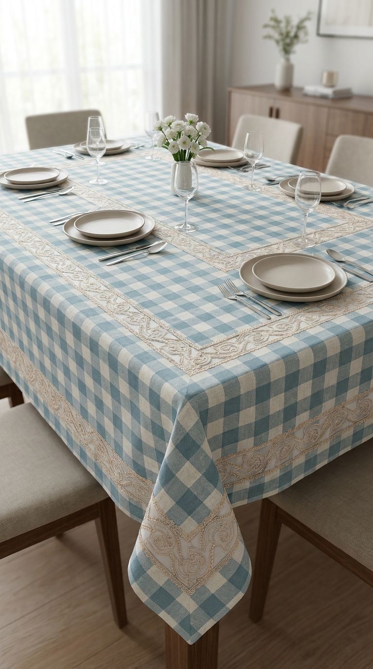 Elegant Checkered Lace Dining Table Cover – 4, 6 & 8 Seater
