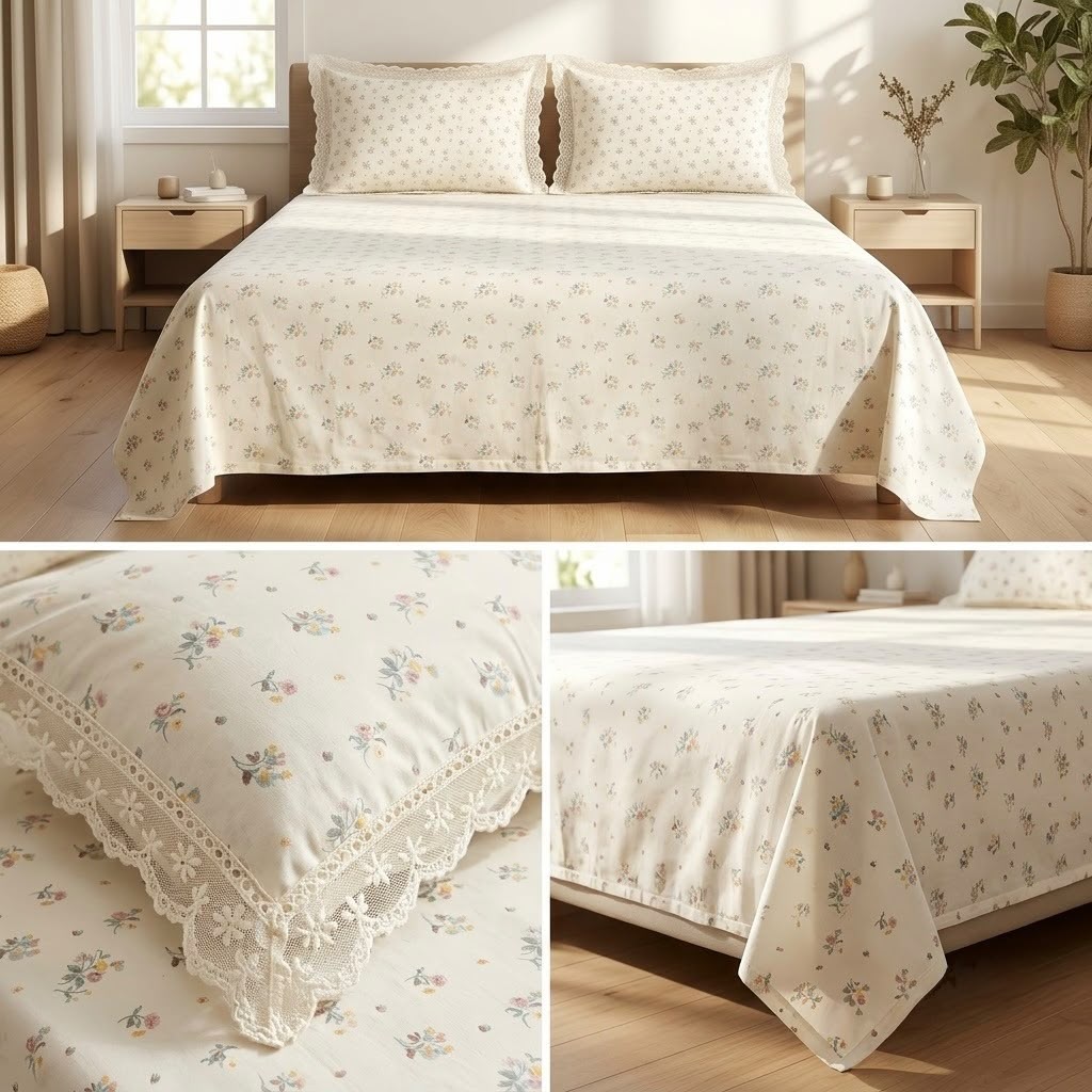 Premium 300 TC Pure Cotton Bedsheet Set with Designer Lace Pillow Covers – King Size 108 x 108 Inch