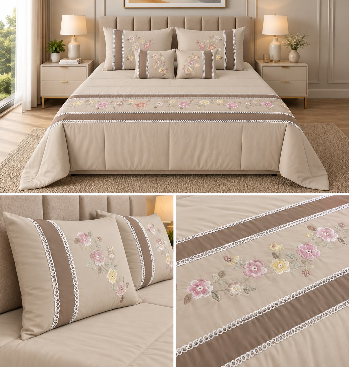 Luxury Floral Embroidered 6-Piece Comforter Bedding Set - King Size