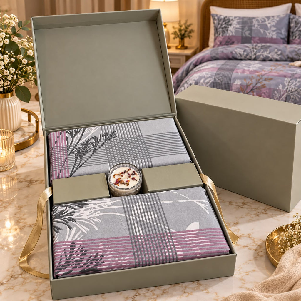 Premium Luxury Bedsheet Gift Box – 3 Piece King Size Bedsheet Set with Perfumed Candle