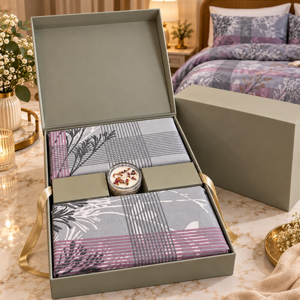 Premium Luxury Bedsheet Gift Box – 3 Piece King Size Bedsheet Set with Perfumed Candle