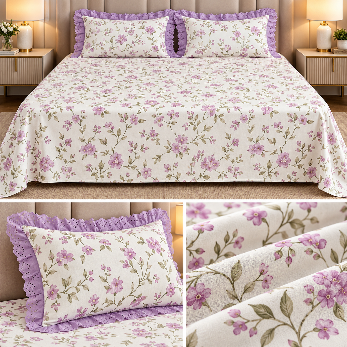 English Garden Premium Cotton Floral Bedsheet Set with Designer Lace Pillow Covers – 108 x 108 Inch