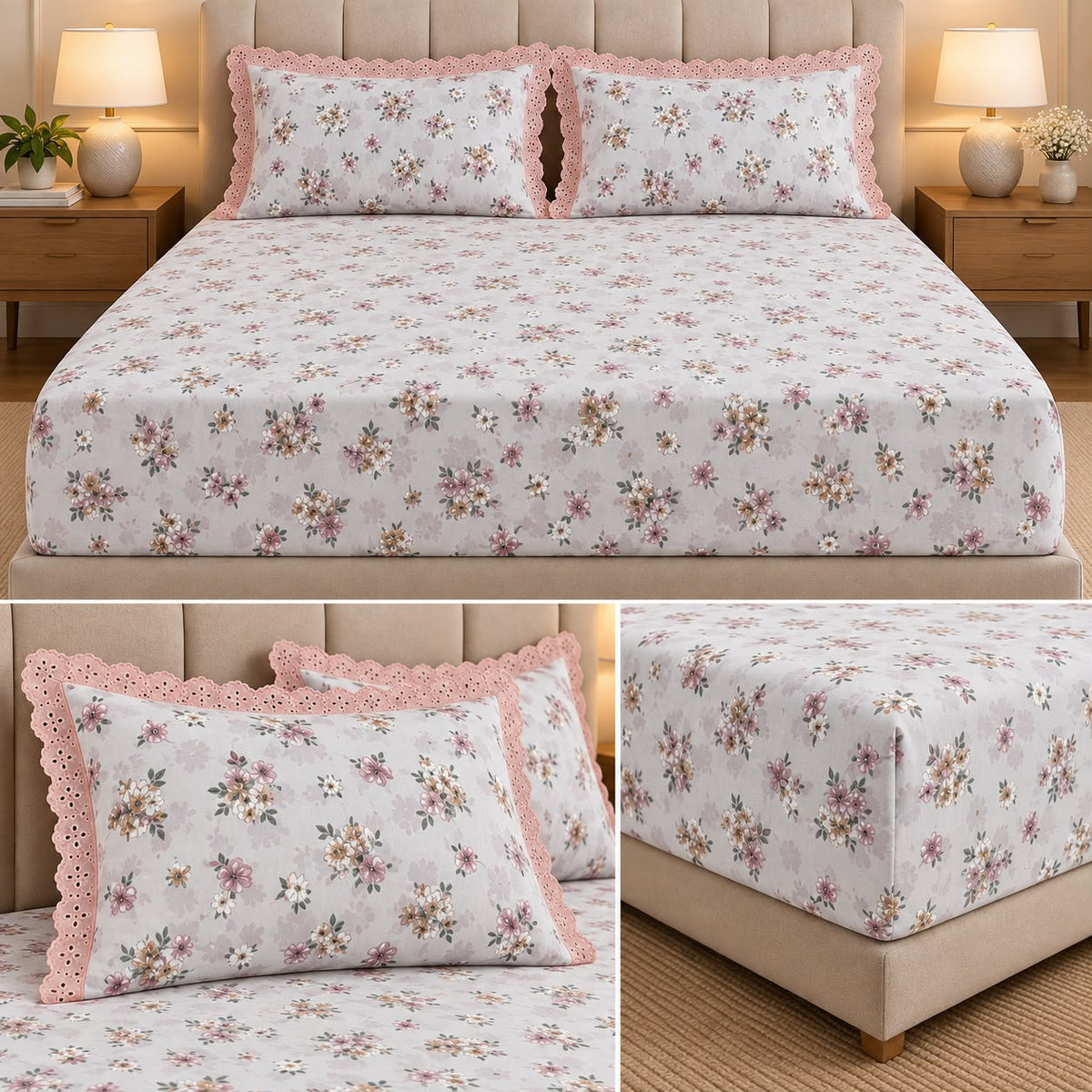 Vintage Bloom Fitted Bedsheet Set with Lace Pillow Covers – King Size 3 Pcs