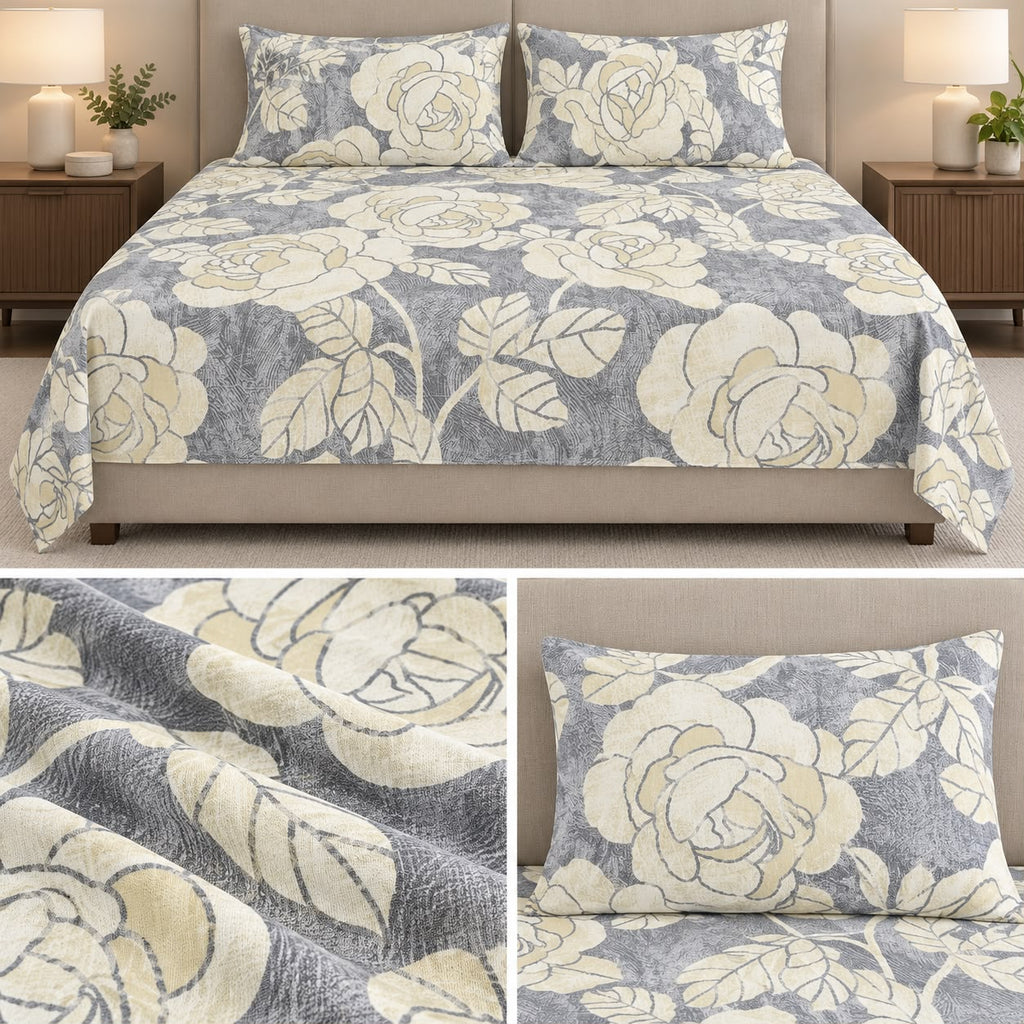 Midnight Bloom Premium Pure Cotton Floral Bedsheet Set – Jumbo King Size 3 Pcs (122 × 122 Inches)