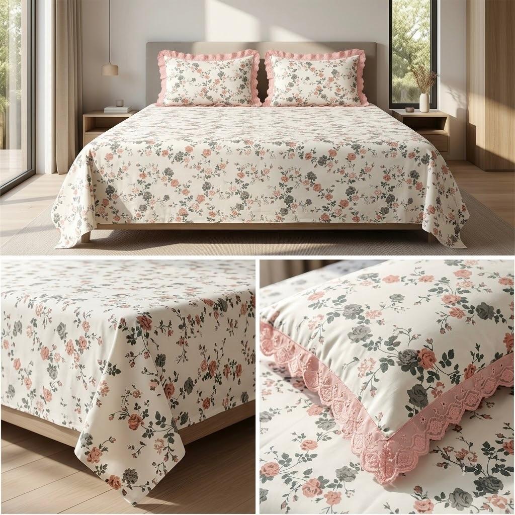 Pure Cotton Floral Bedsheet Set with Elegant Lace-Frilled Pillow Covers – King Size (108 × 108 Inches)