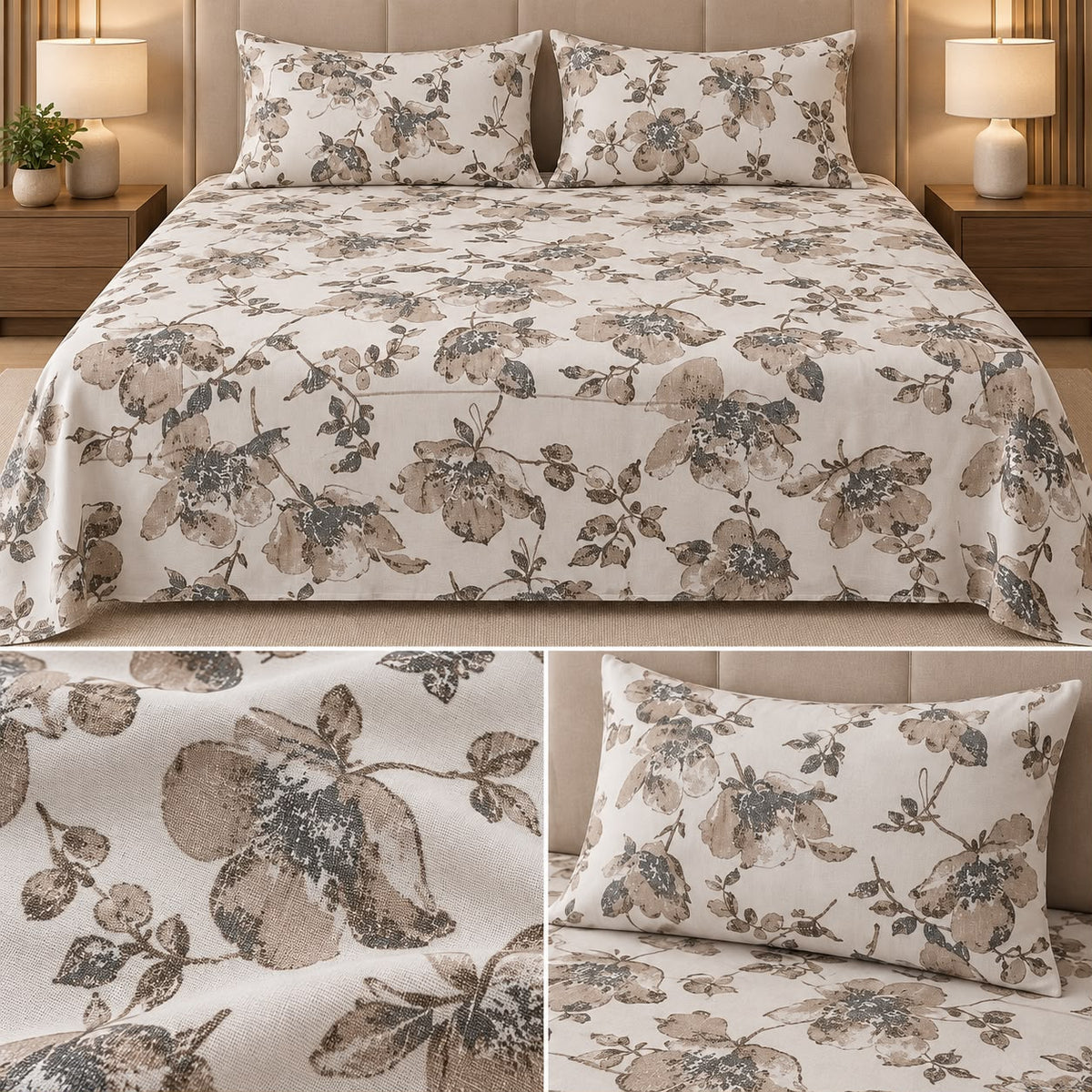 Premium English Botanical Floral Printed Bedsheet Set – King Size 3 Pcs