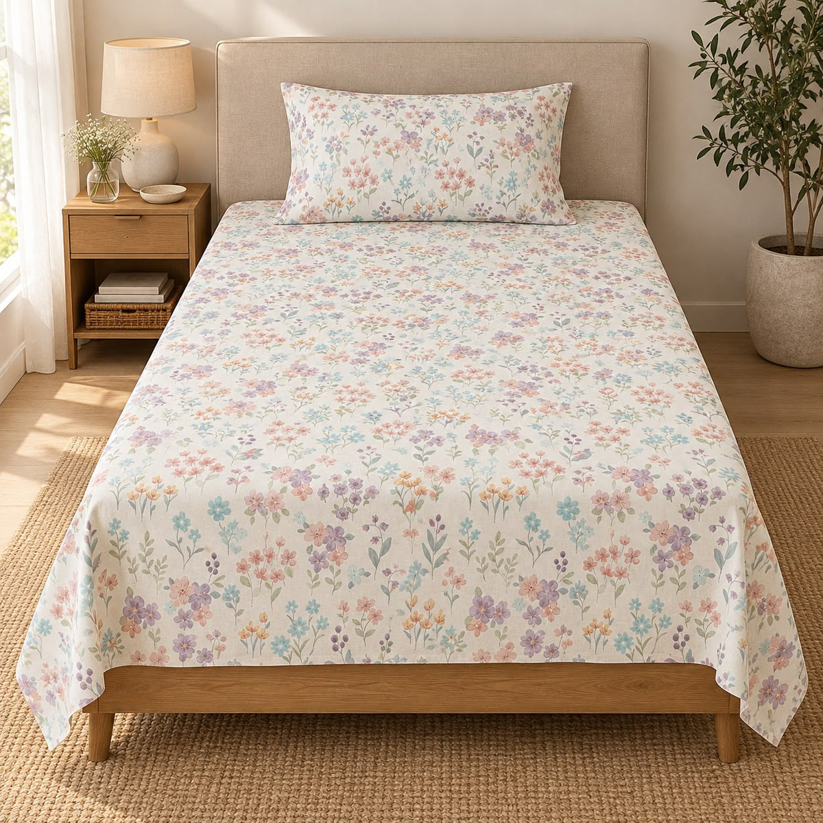Printed Single Bedsheet Set – 2 Pcs (1 Bedsheet + 1 Pillow Cover) 100 % Pure Cotton