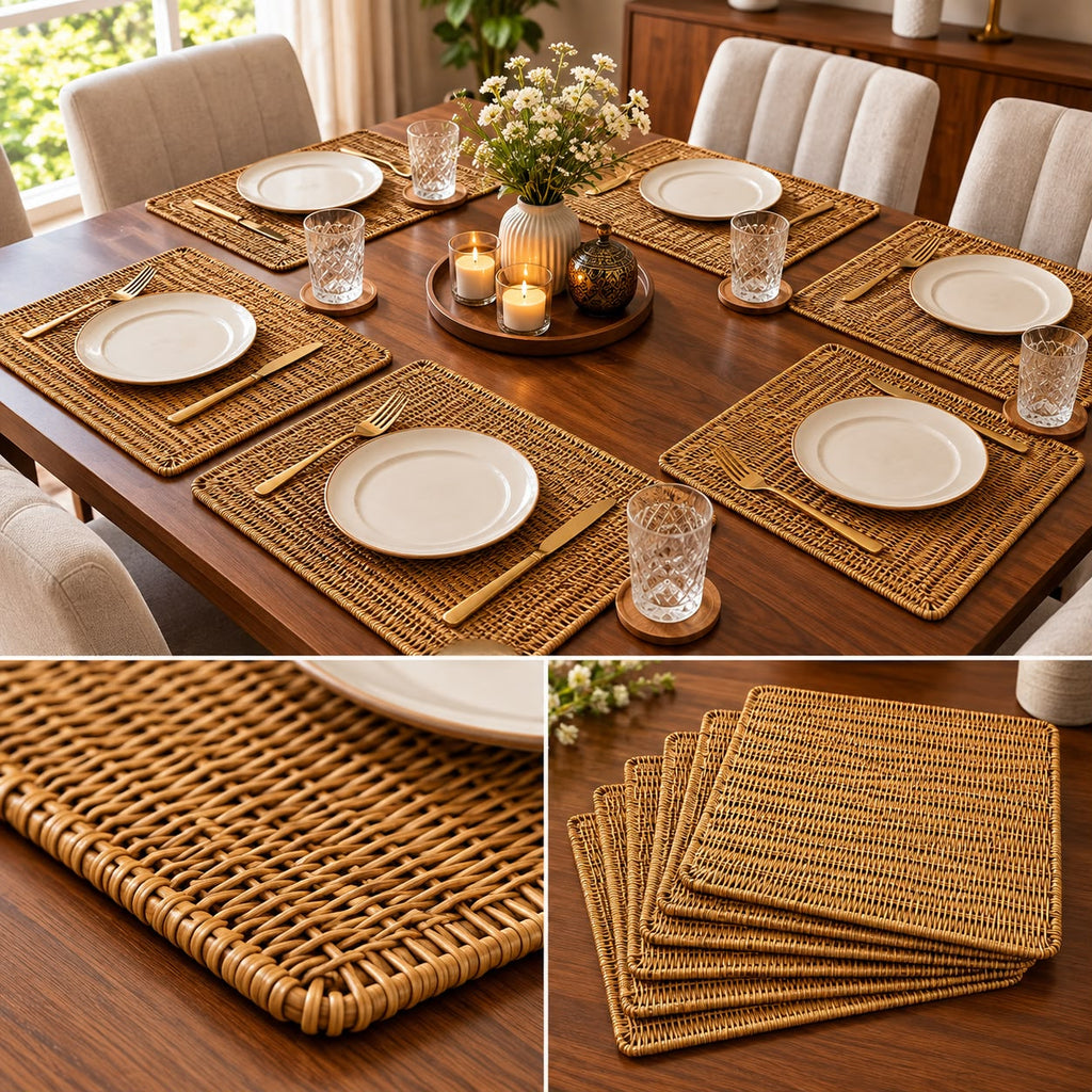 Luxury Turkish Woven Dining Table Mats – Set of 6 | Natural Golden Brown
