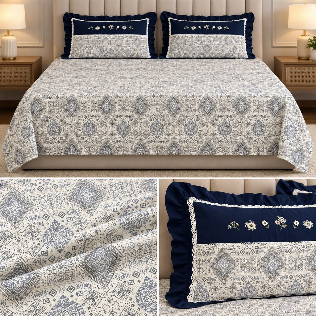 Blush Meadow Luxury Linen Bedsheet Set with Floral Embroidery & Lace Pillow Covers – King Size 3 Pcs