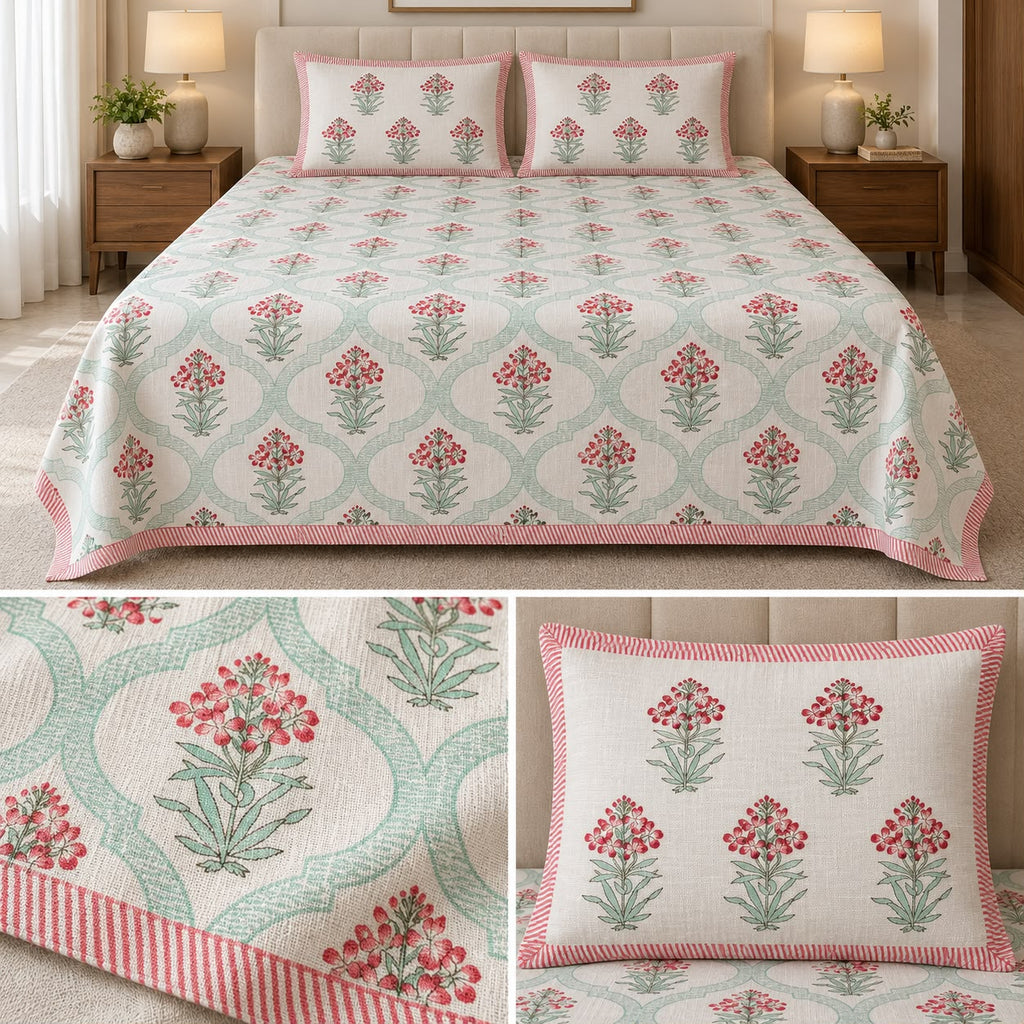 Soft Khadi Floral Bedcover Set – 3 Pcs | Elegant Traditional Print