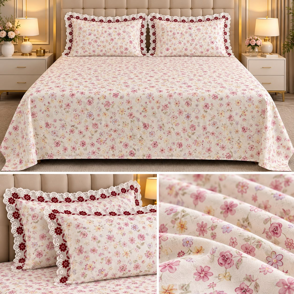 English Floral Lace Bedsheet Set – King Size 3 Pcs | Product Code :- 55B128RKEH