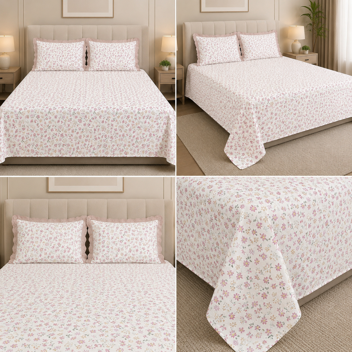 English Floral Print King Size Bedsheet with Lace Pillow Covers – 250 × 270 cm