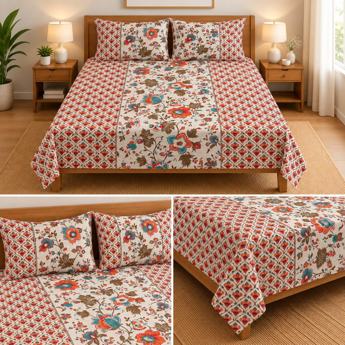 Jumbo Calcutta Phulkari Designs King Size Bedsheet Set (120 x 120 Inches) Product Code :- 55B145RKEH
