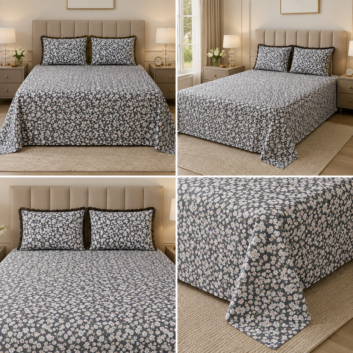 English Floral Print King Size Bedsheet with Lace Pillow Covers – 250 × 270 cm