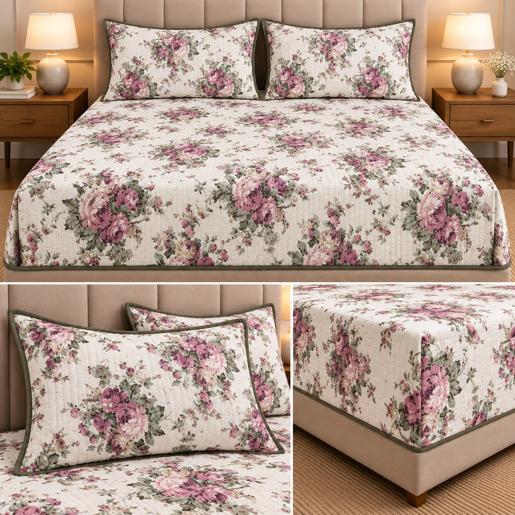 Vintage Bloom Quilted Bedcover Set – King Size 3 Pcs 100 % Pure Cotton