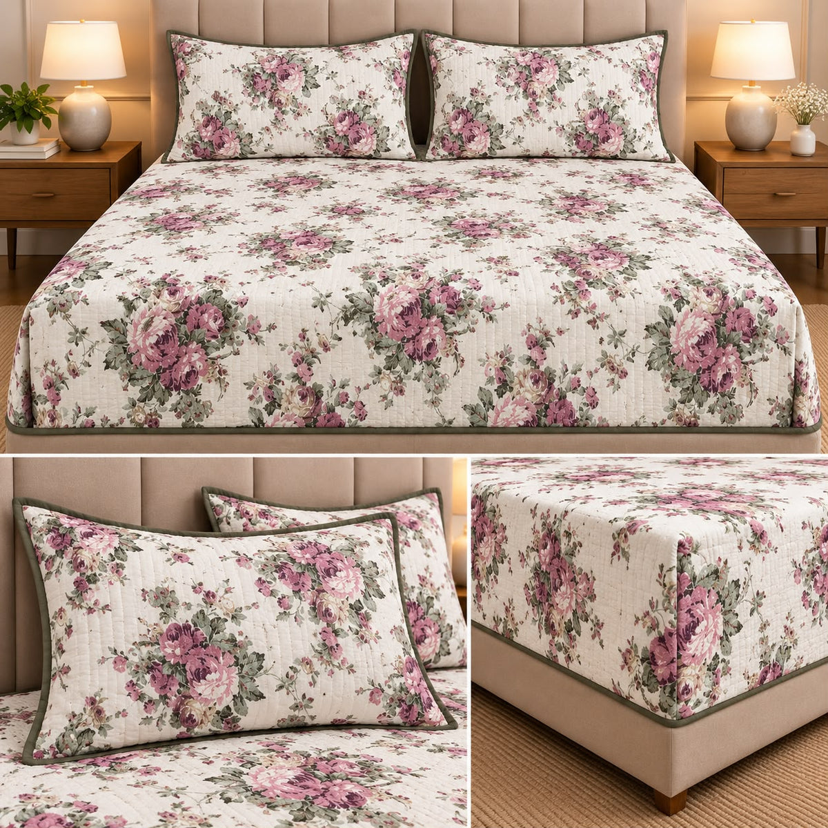 Vintage Bloom Quilted Bedcover Set – King Size 3 Pcs 100 % Pure Cotton