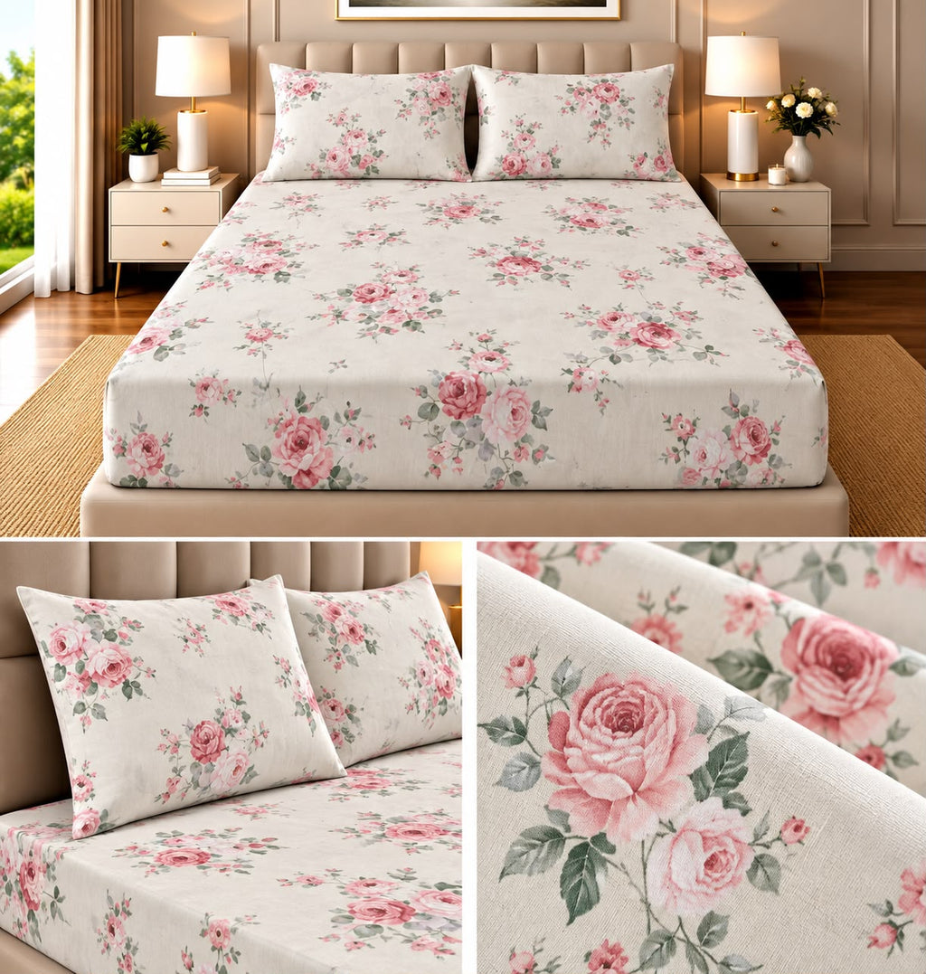 Elegance Pure Cotton King Size Fitted Bedsheet – 3 Piece Set with 2 Pillow Covers