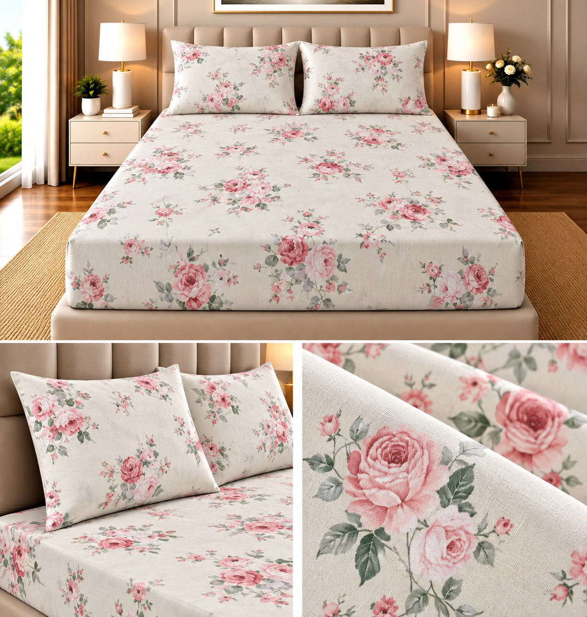Elegance Pure Cotton King Size Fitted Bedsheet – 3 Piece Set with 2 Pillow Covers