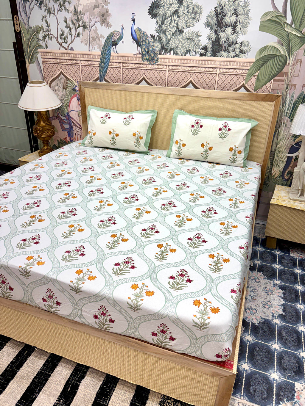 Block Prints Pure Cotton Printed Fitted Bedsheet Set with 2 Pillow Covers