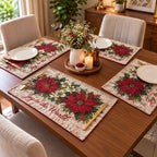 Festive Poinsettia Floral Fabric Dining Table Mats – Set of 4