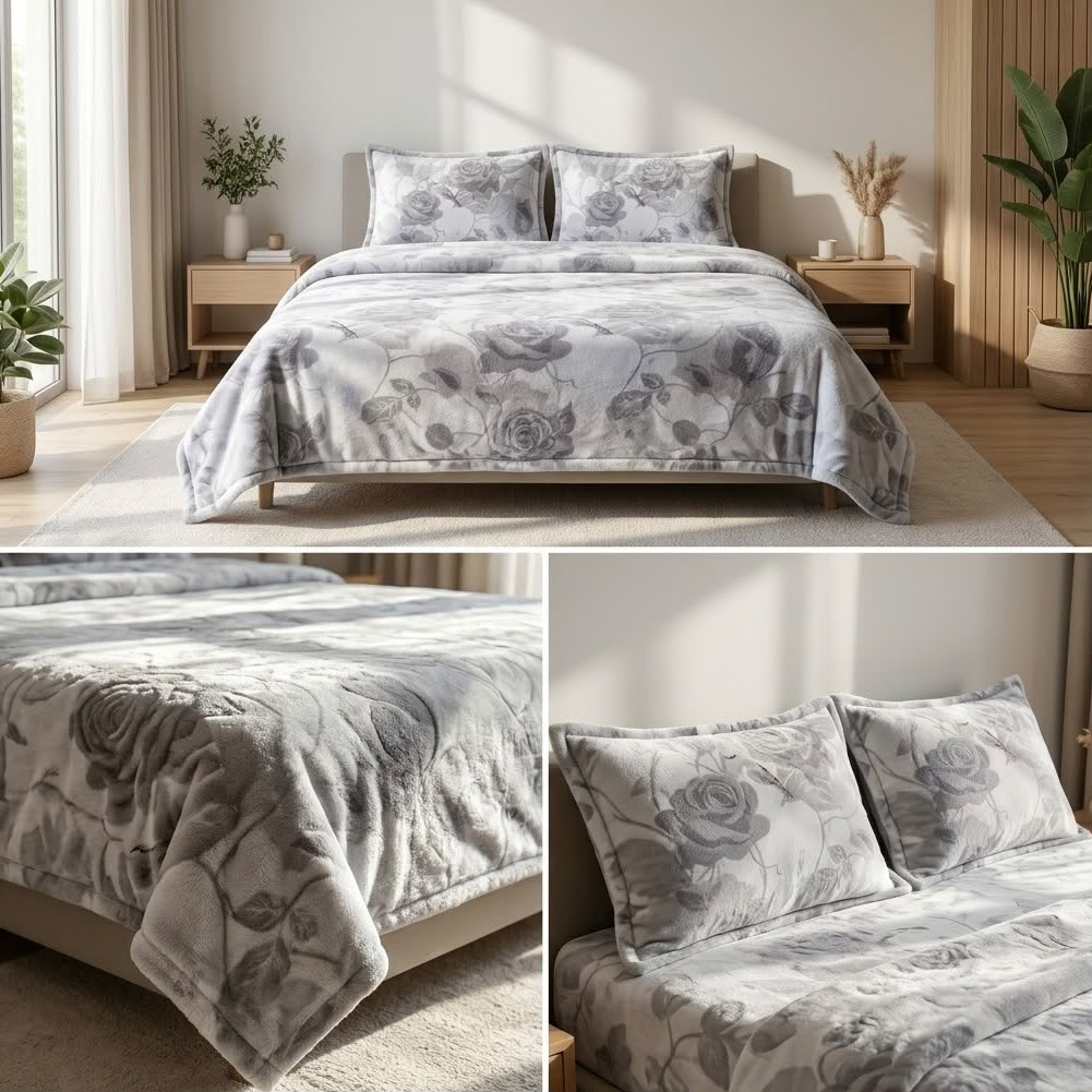 Botanical Floral Winter Bedsheet Set – Ultra Soft & Cozy King Size (3 Pcs)