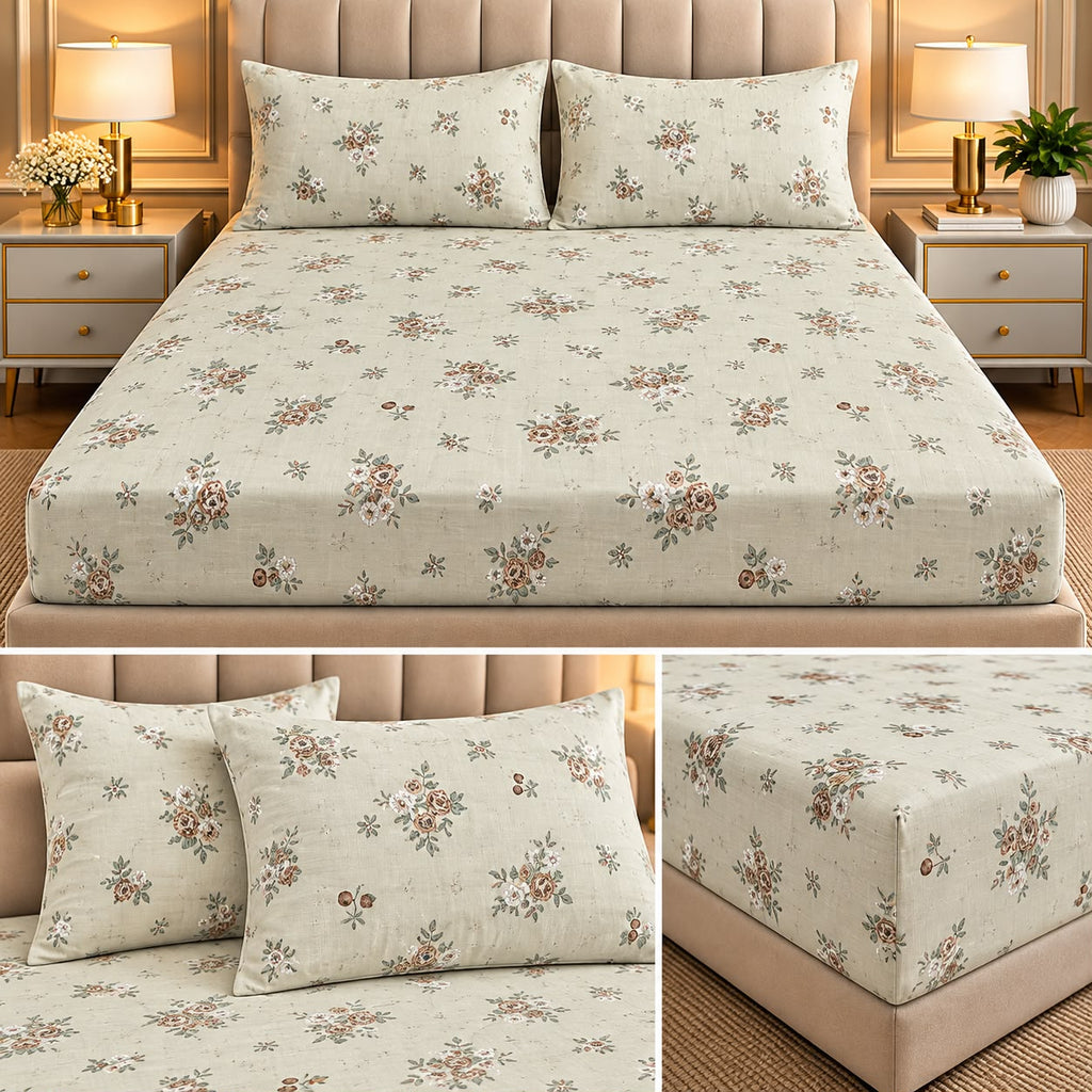 Elegance 100% Cotton King Size Fitted Bedsheet Set – 3 Pcs