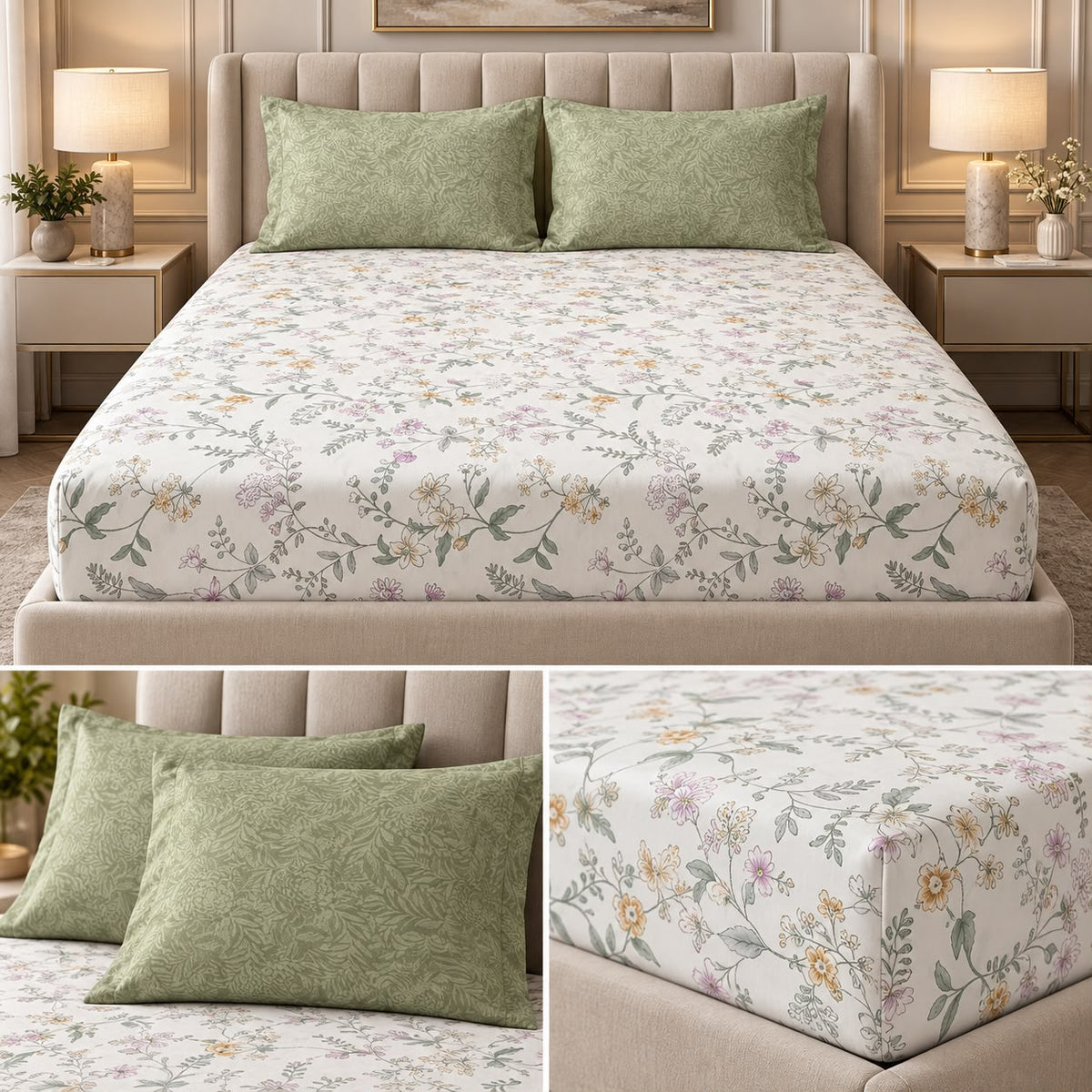 Wildflower Whisper 100% Pure Cotton Fitted Bedsheet Set