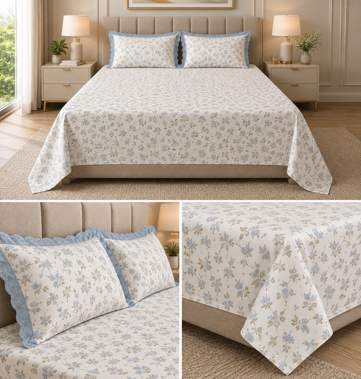 English Floral Print King Size Bedsheet with Lace Pillow Covers – 250 × 270 cm