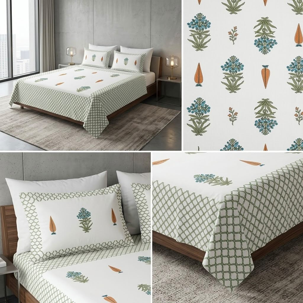 Heritage Block Print Cotton Bedsheet Set – King Size 3 Pcs