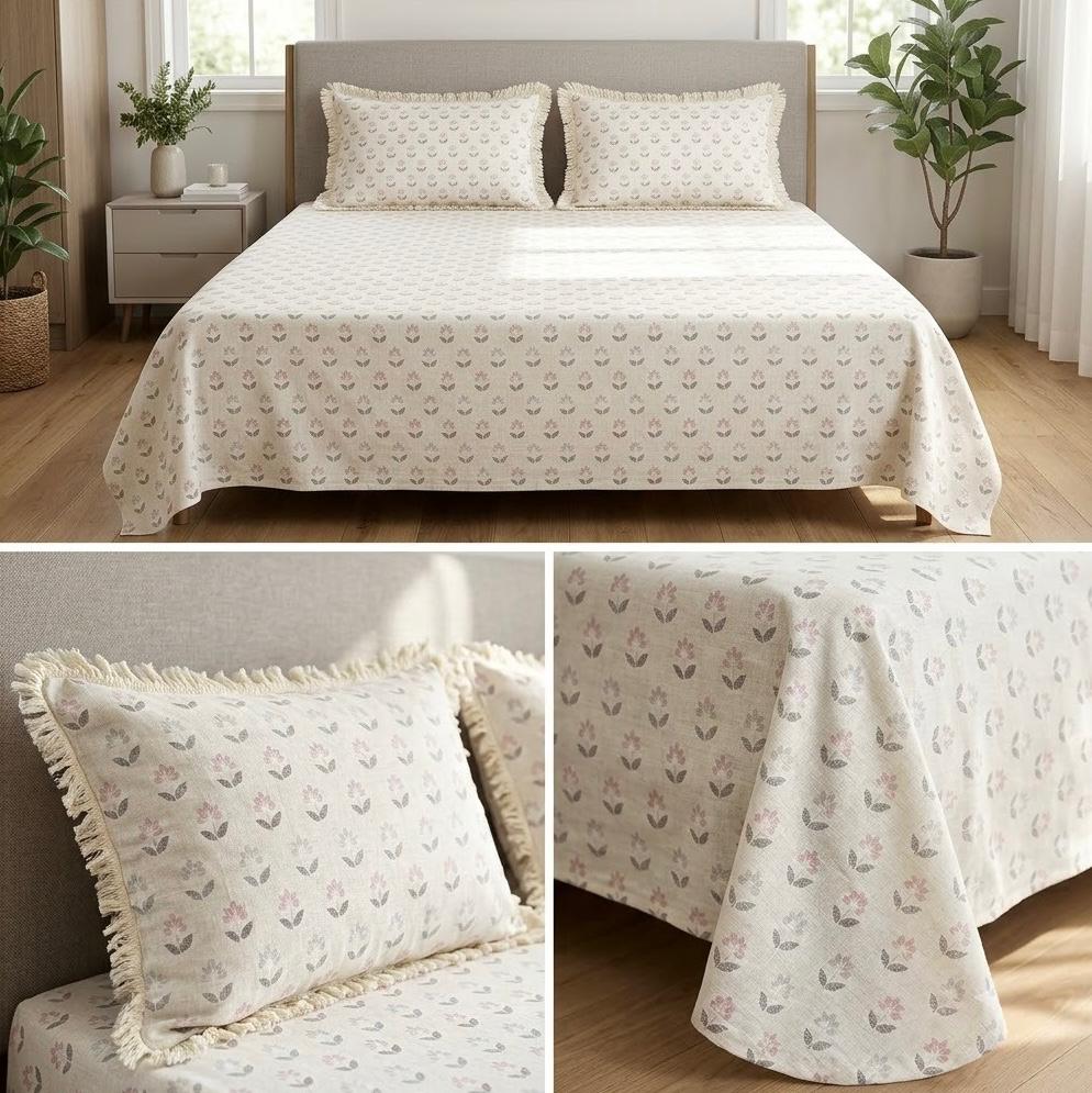 Designer Cotton Bedsheet Set with Elegant Tassel Fringe Pillow Covers – King Size (3 Pcs)