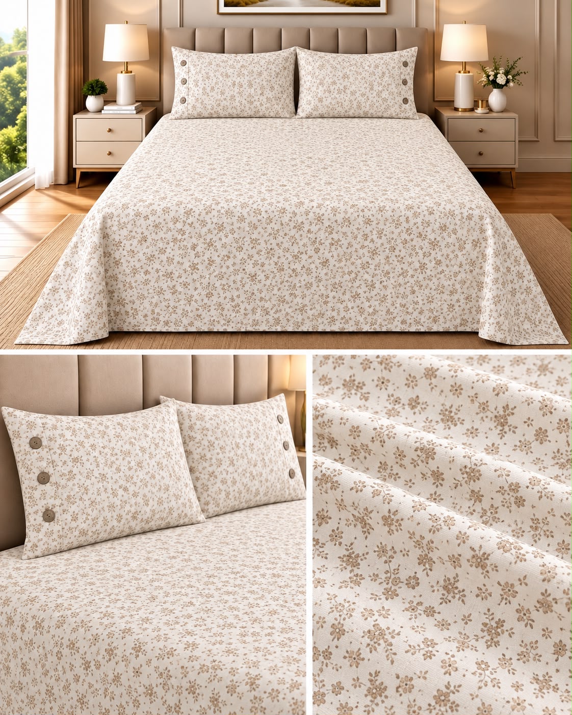 English Floral Cotton Bedsheet with 3-Button Pillow Covers – 2.5m × 2.7m