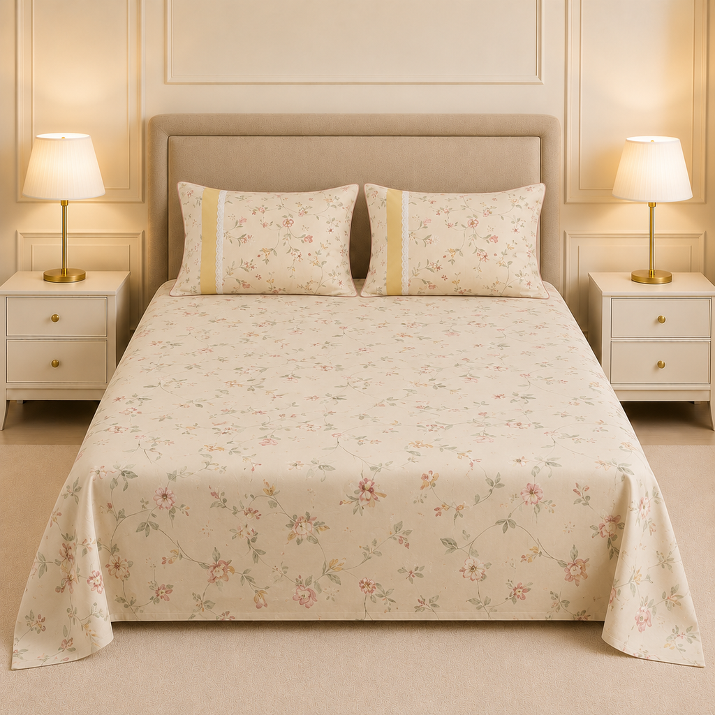 English Floral Bedsheet with Designer Lace Pillow Covers 100 %  Pure Cotton Product Code:- 55B145RKEH
