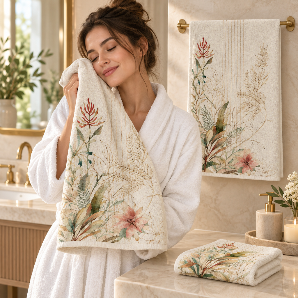 Botanical Sketch Cotton Bath Towel – Artistic Floral Print | 75 × 150 CM
