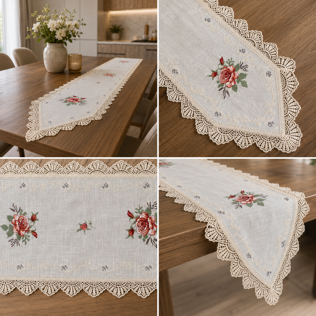 🌹 Premium Embroidered Table Runner | 6 Seater Runner