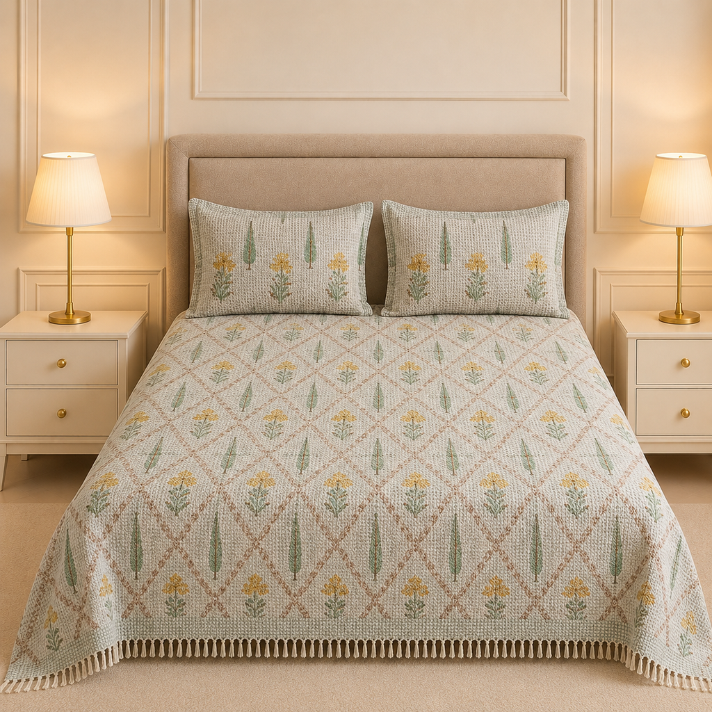 Waffle Block Print Slub Cotton Bedcovers (108 * 108) Product Code :- 55B285RKEH