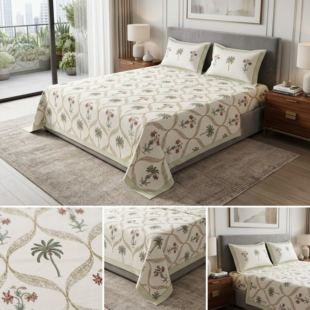 Heritage Block Print Cotton Bedsheet Set – King Size 3 Pcs