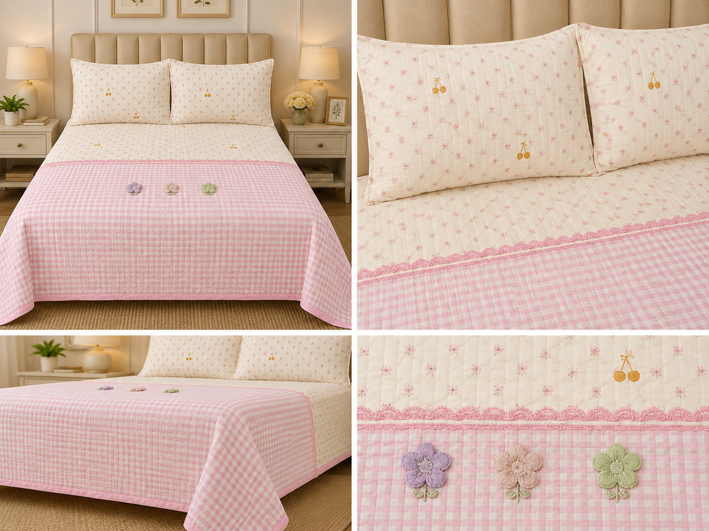 Gingham King Size Quilted Bedcover with 3 Beautiful 3D Floral Appliqué | Product Code :- 55B185RKEH
