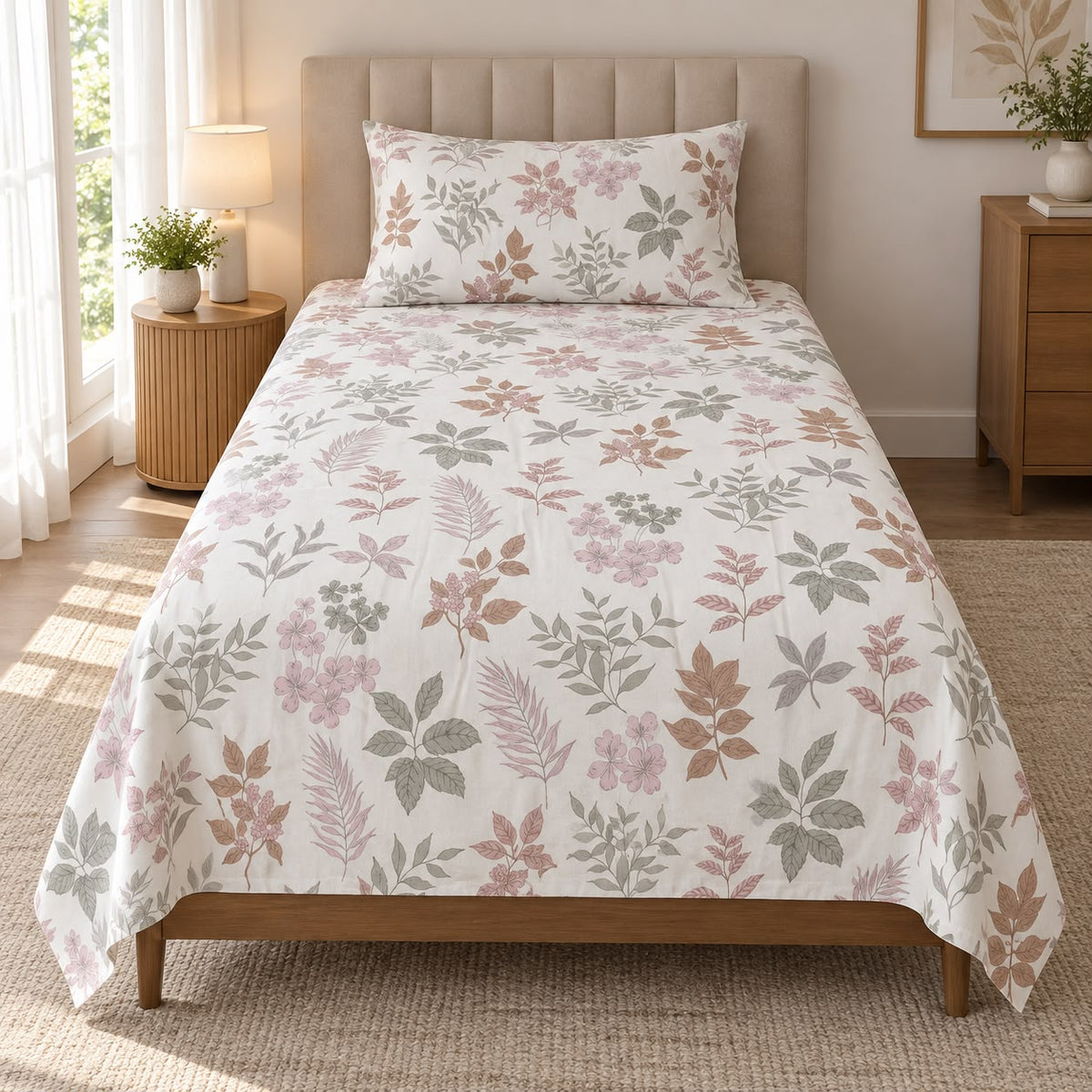 Printed Single Bedsheet Set – 2 Pcs (1 Bedsheet + 1 Pillow Cover) 100 % Pure Cotton