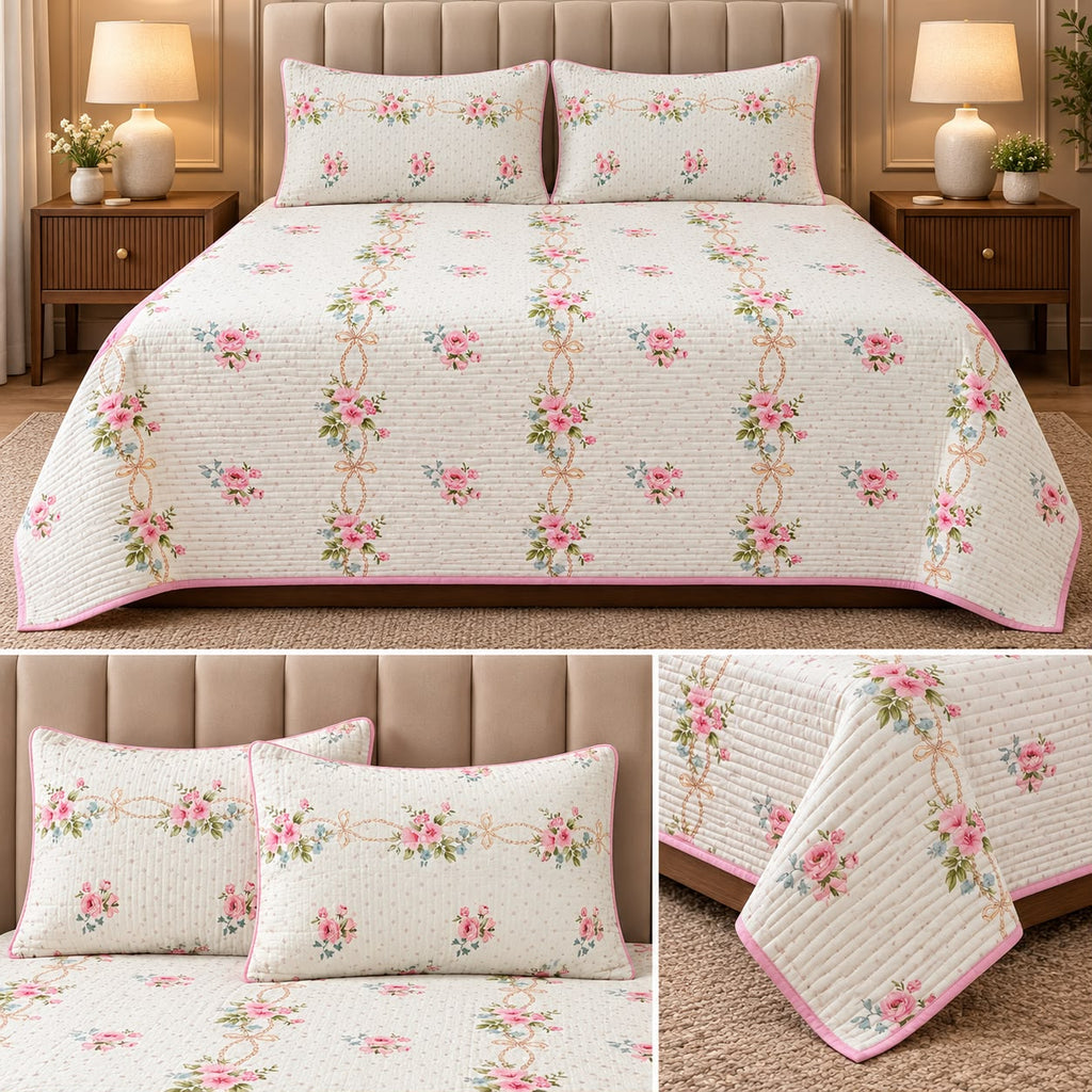 Vintage Bloom Quilted Bedcover Set – King Size 3 Pcs 100 % Pure Cotton