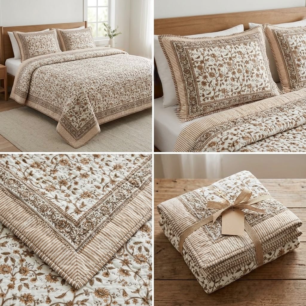 English Garden Floral Quilted Bedcover – 3 Piece Set with Matching Pillow Covers